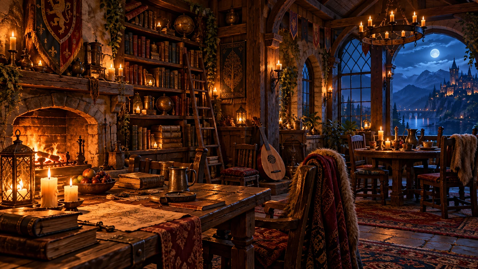 A candlelit fantasy tavern with books and a lute